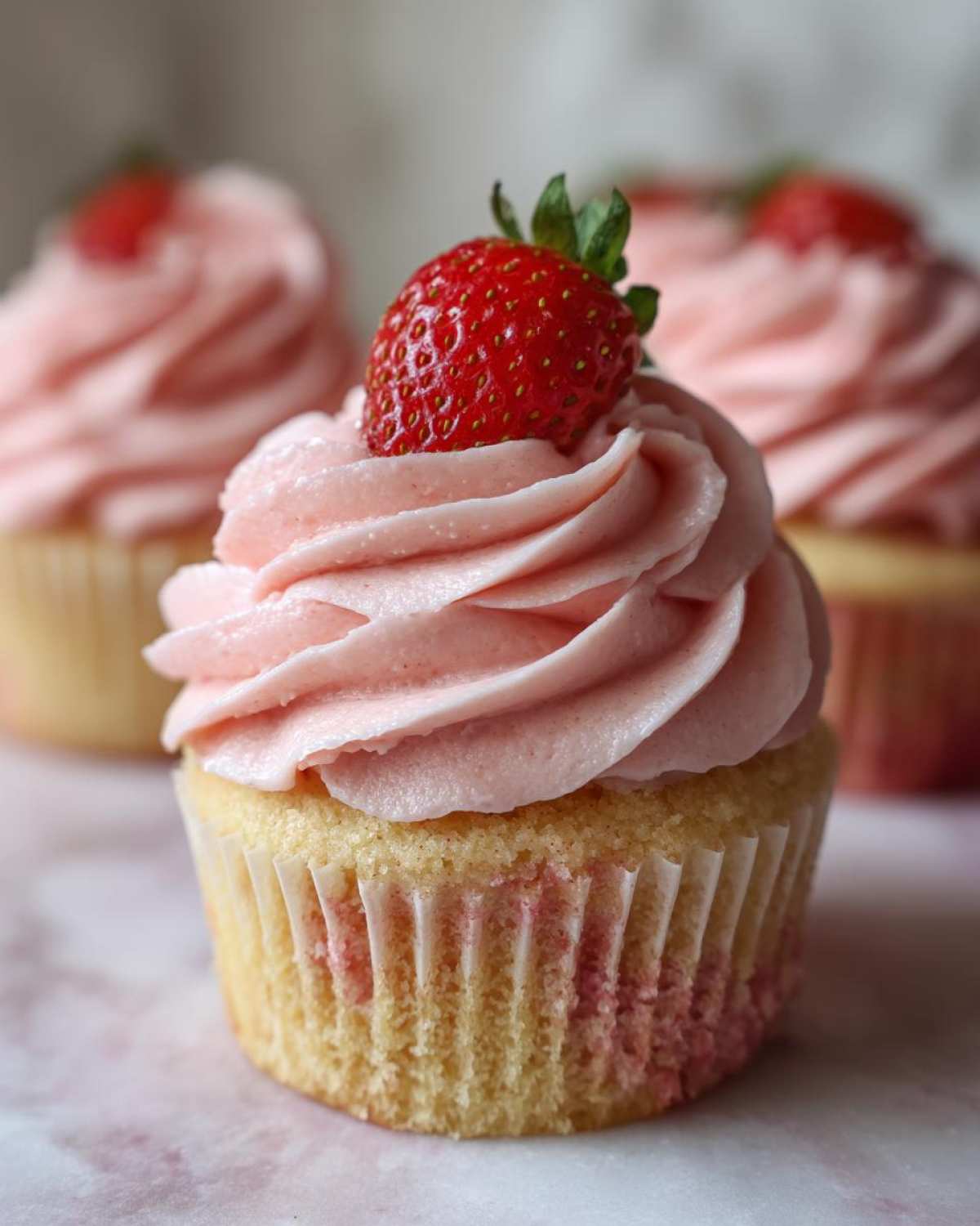 A close-up of a single, perfectly frosted strawberry cupcake topped with a fresh strawberry.
