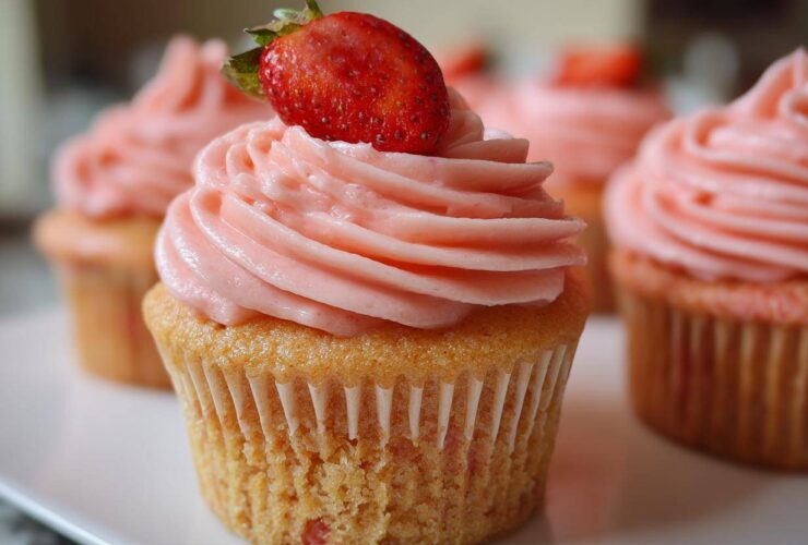 A close-up of a freshly baked strawberry cupcake topped with pink frosting and a fresh strawberry.