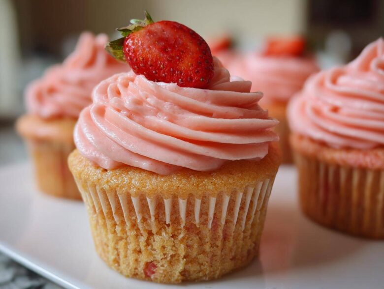 A close-up of a freshly baked strawberry cupcake topped with pink frosting and a fresh strawberry.
