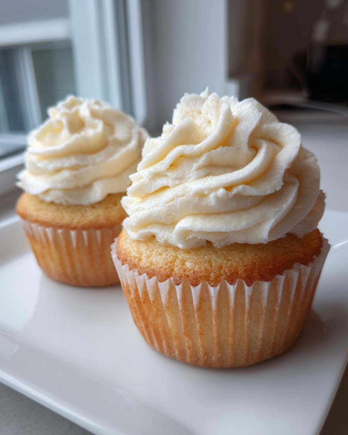 Close-up of two perfectly baked vanilla cupcakes topped with generous swirls of white frosting.