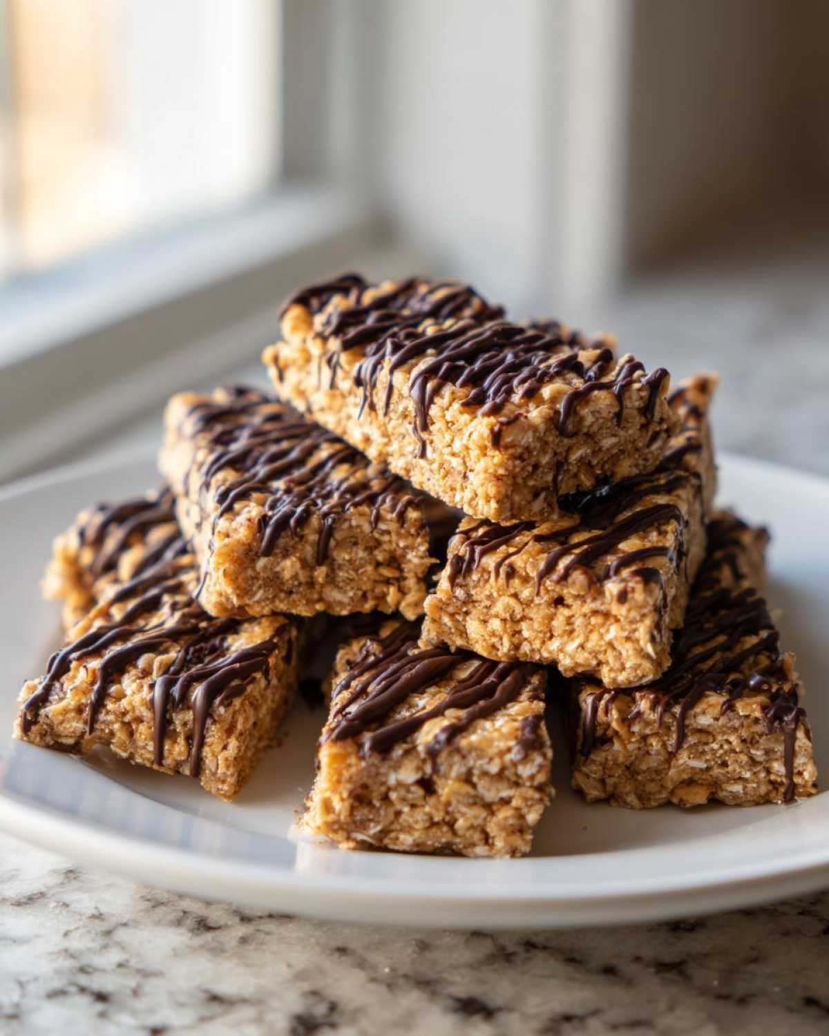 A stack of homemade, chewy protein bars drizzled with dark chocolate, ready to eat.