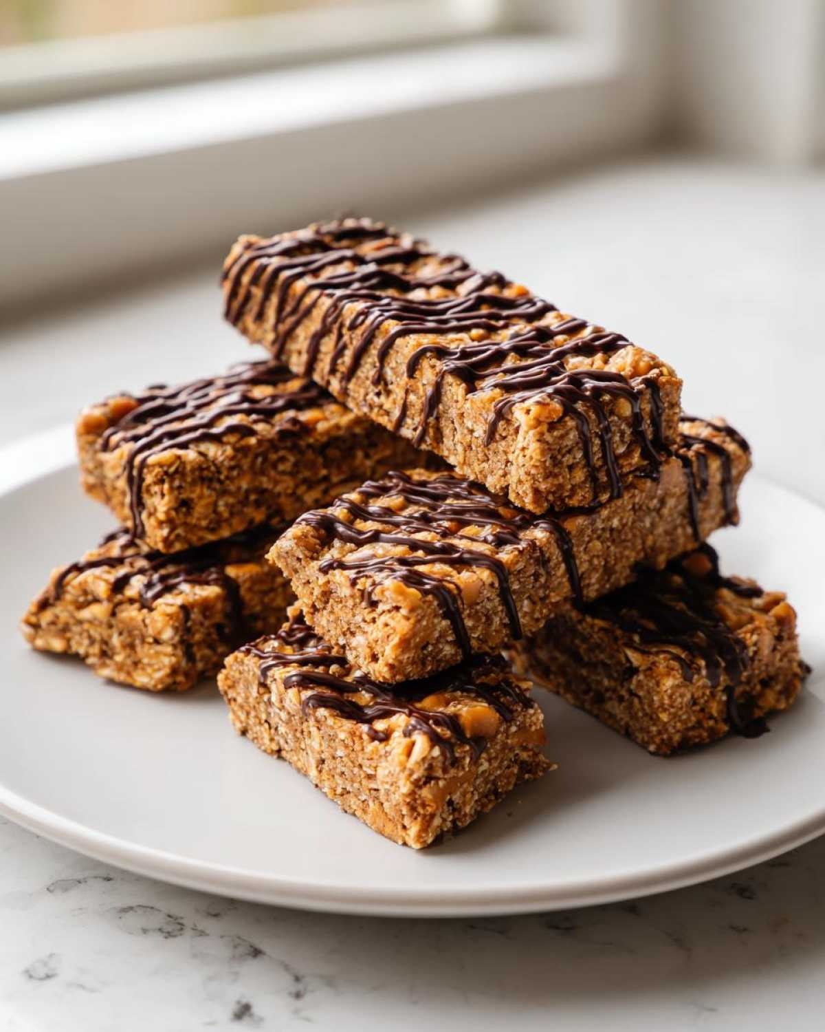 A stack of homemade, no-bake protein bars drizzled with dark chocolate on a white plate.