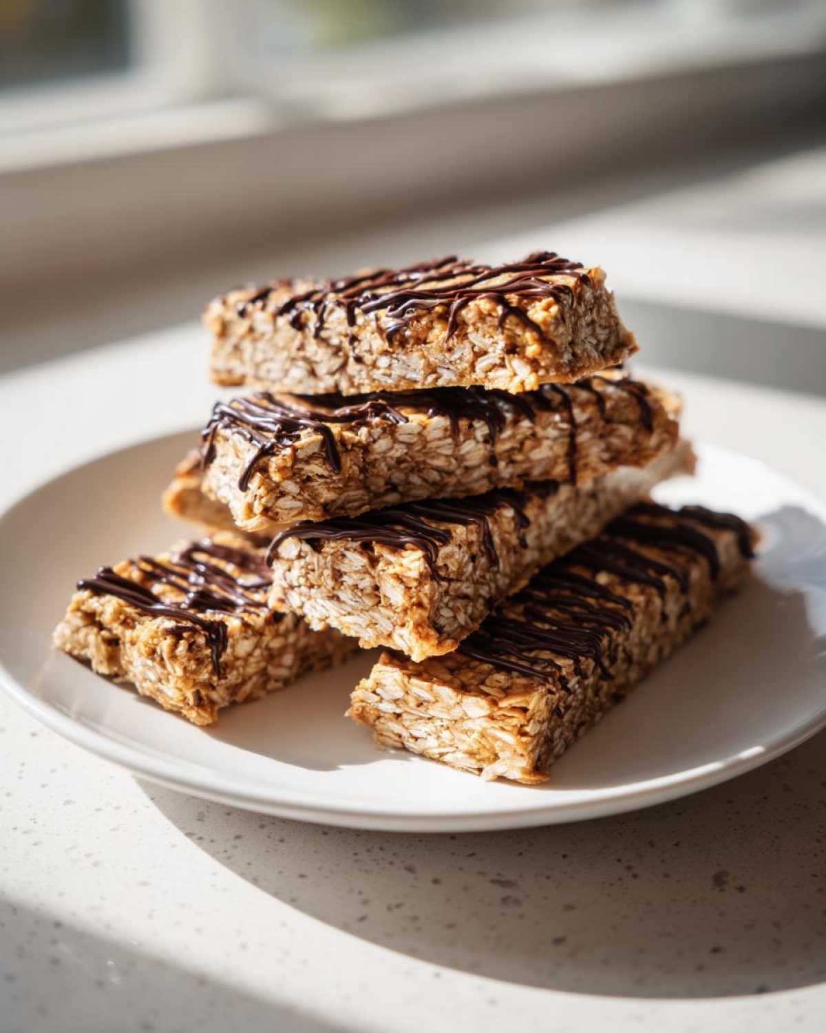 A stack of homemade, chewy protein bars made with oats and drizzled with dark chocolate, sitting on a white plate.