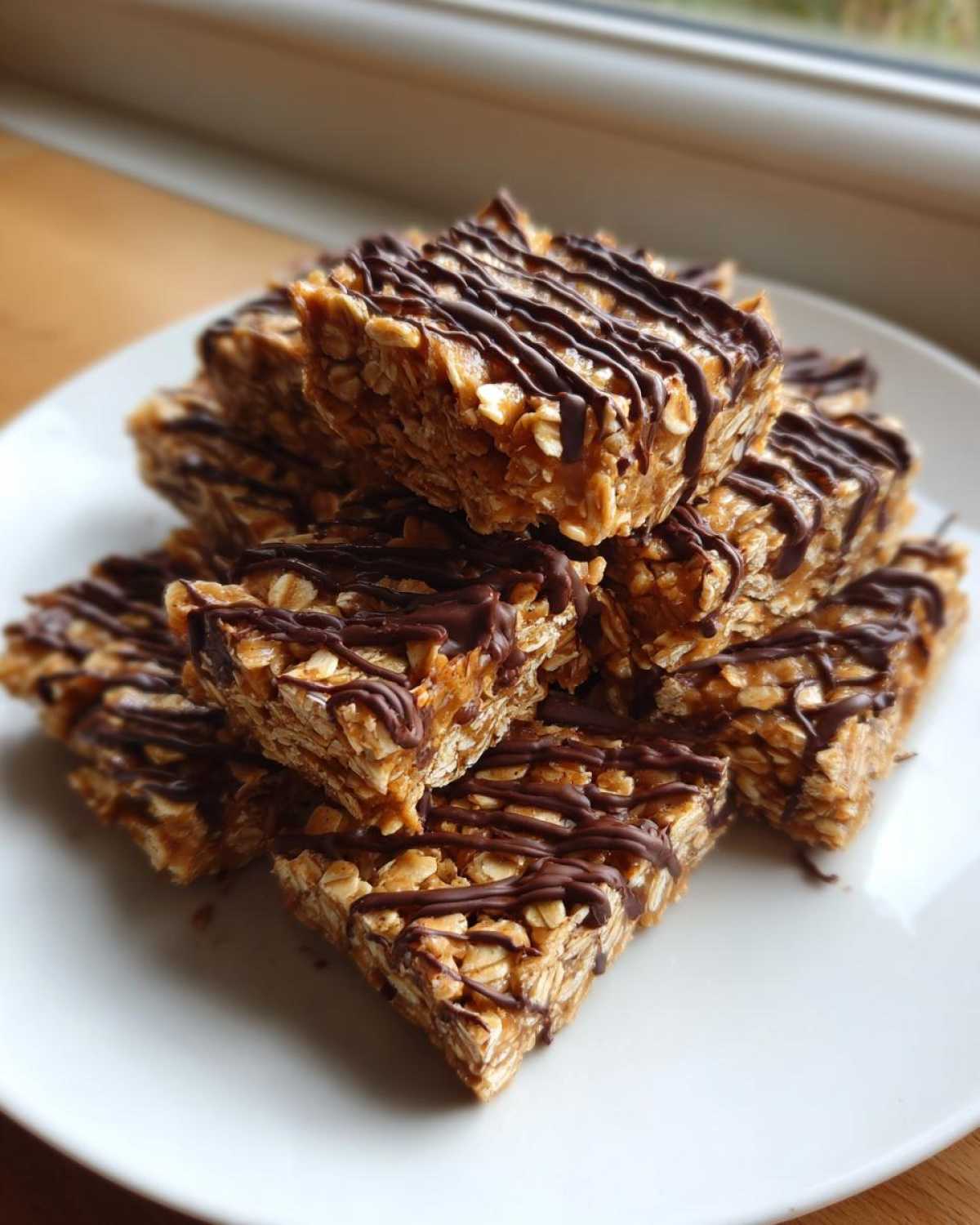 A stack of homemade, chewy protein bars made with oats and drizzled with dark chocolate.