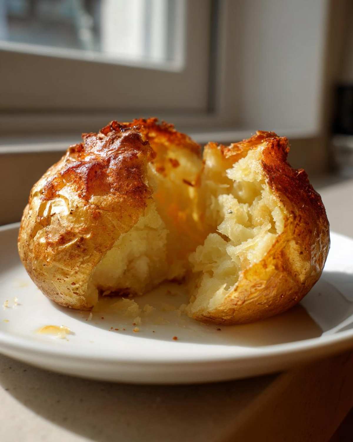 A perfectly cooked air fryer baked potato split open, showing fluffy interior and crispy skin, resting on a white plate.