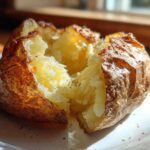 Close-up of a perfectly cooked air fryer baked potato, split open to show fluffy interior and crispy, seasoned skin.