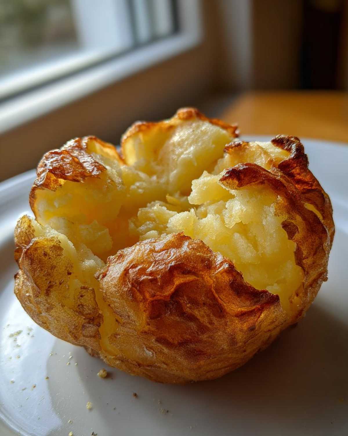 Close-up of a perfectly cooked air fryer baked potato, split open to show fluffy interior and crispy, golden-brown skin.