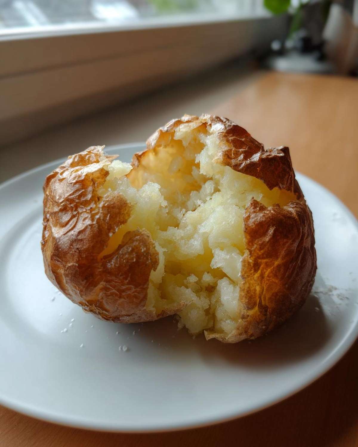 A close-up of a perfectly cooked air fryer baked potato, split open to show fluffy interior and crispy skin.
