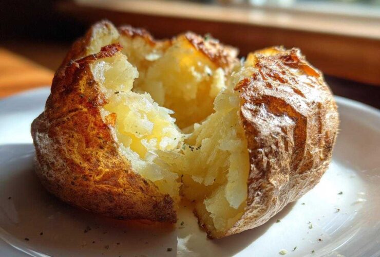 Close-up of a perfectly cooked air fryer baked potato, split open to show fluffy interior and crispy, seasoned skin.