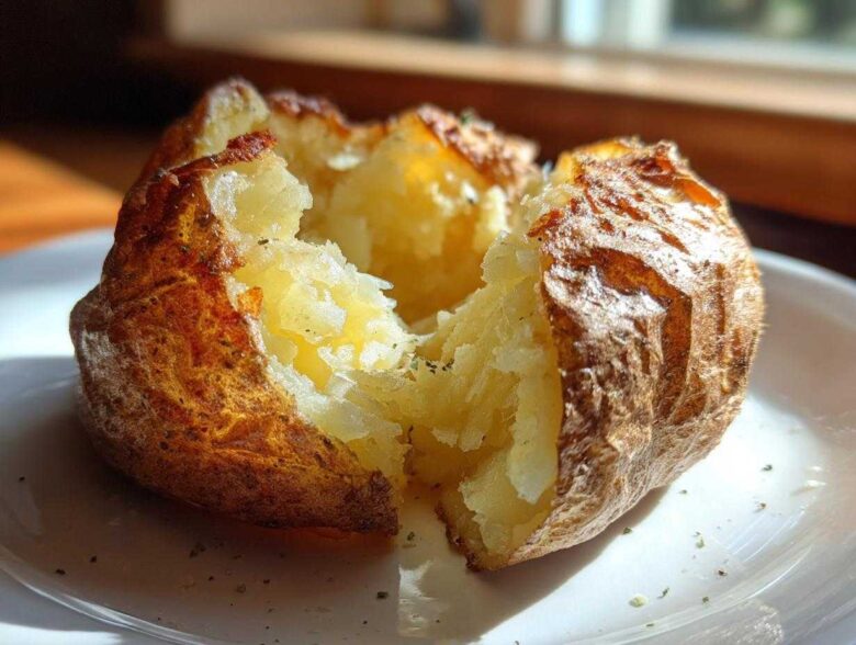 Close-up of a perfectly cooked air fryer baked potato, split open to show fluffy interior and crispy, seasoned skin.