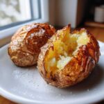 Two perfectly cooked air fryer baked potato halves on a white plate, sprinkled with coarse salt.