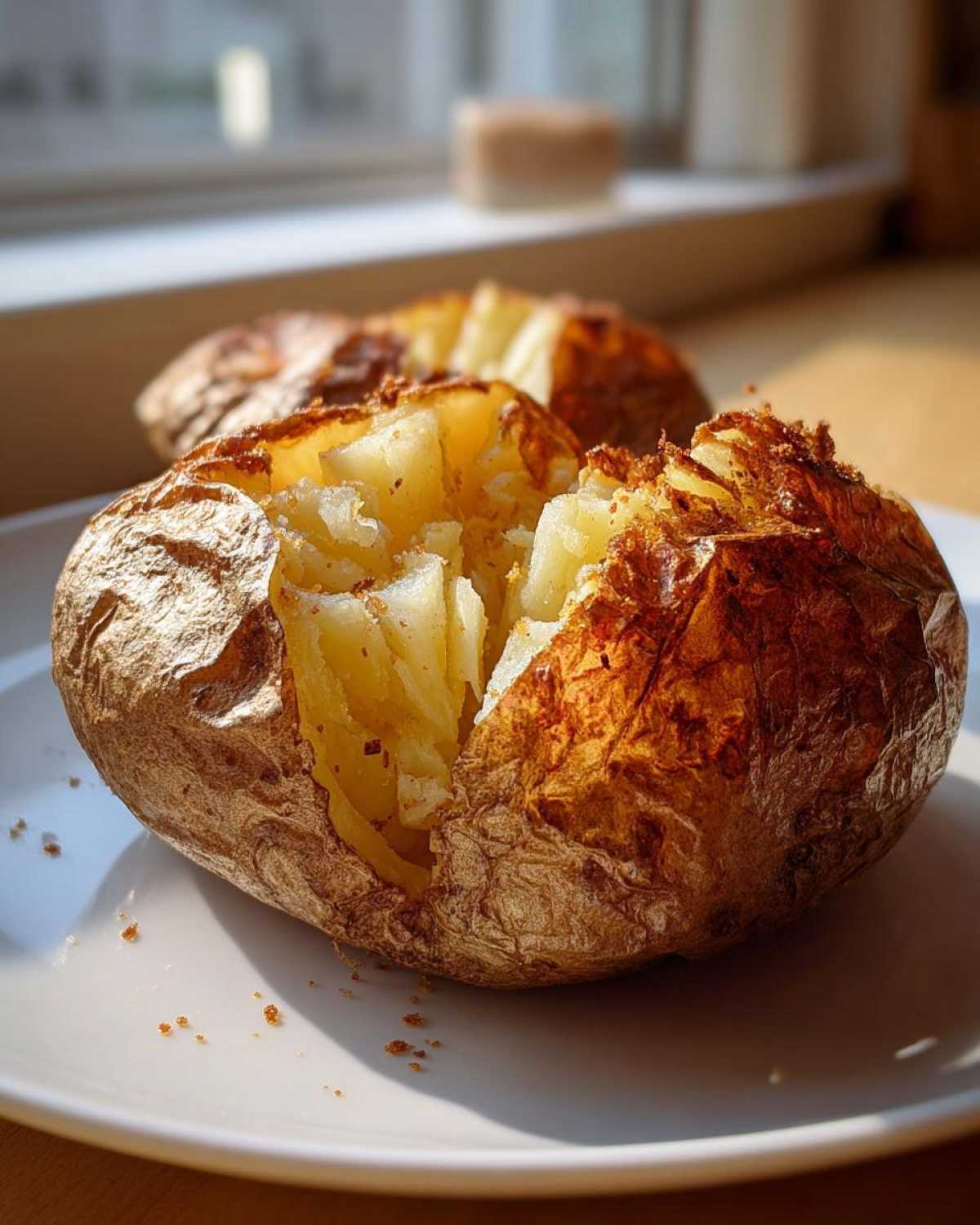 Close-up of a perfectly cooked air fryer baked potato, split open to show fluffy interior and crispy, seasoned skin.