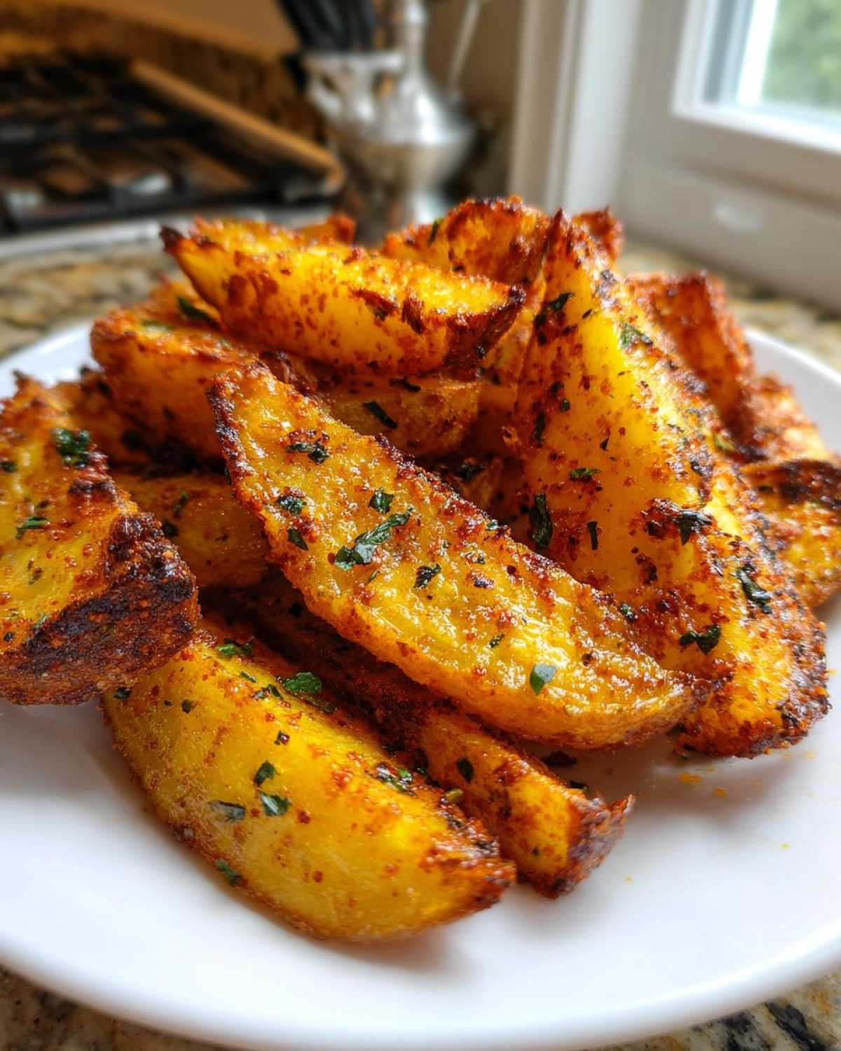A close-up of golden, seasoned air fryer potato wedges sprinkled with parsley, served on a white plate.