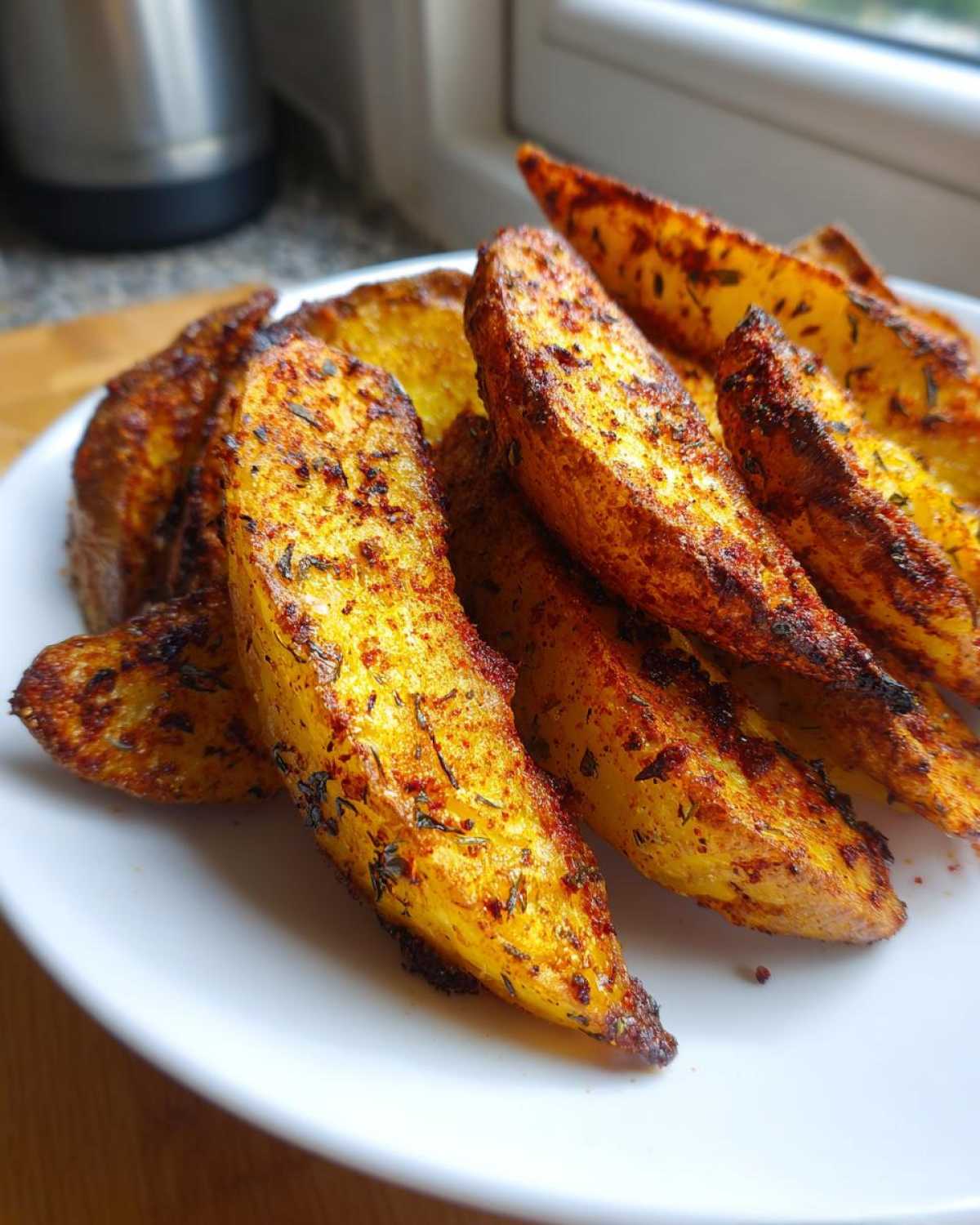 Close-up of perfectly seasoned and crispy air fryer potato wedges piled on a white plate.