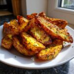 A close-up of golden, crispy air fryer potato wedges seasoned with spices and parsley on a white plate.