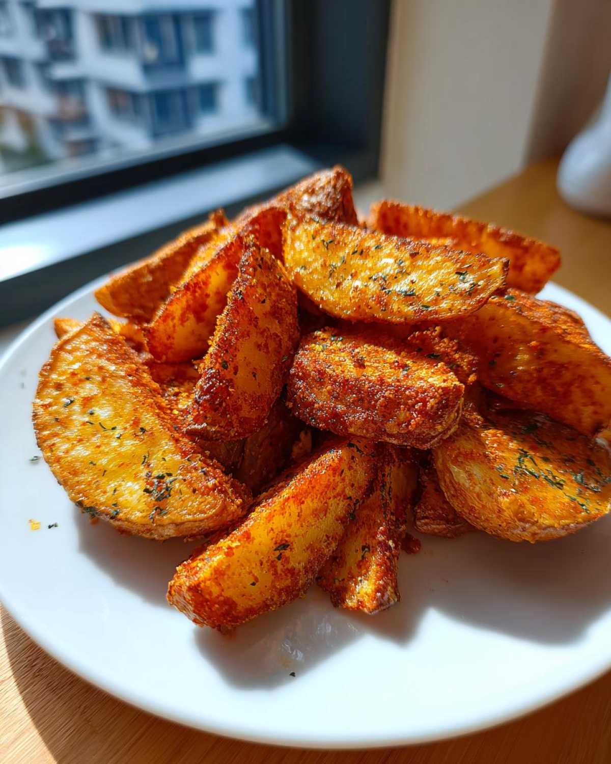 A pile of golden brown, seasoned air fryer potato wedges dusted with herbs on a white plate.