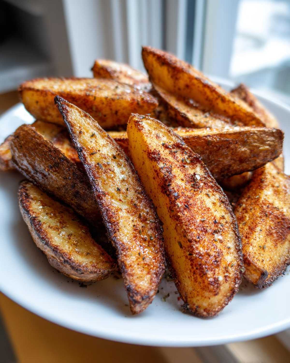 Close-up of a pile of crispy, golden brown air fryer potato wedges seasoned with spices on a white plate.