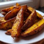 A close-up of crispy, golden-brown seasoned air fryer potato wedges served on a white plate.