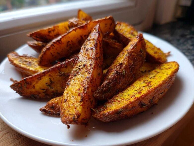 A close-up of crispy, golden-brown seasoned air fryer potato wedges served on a white plate.
