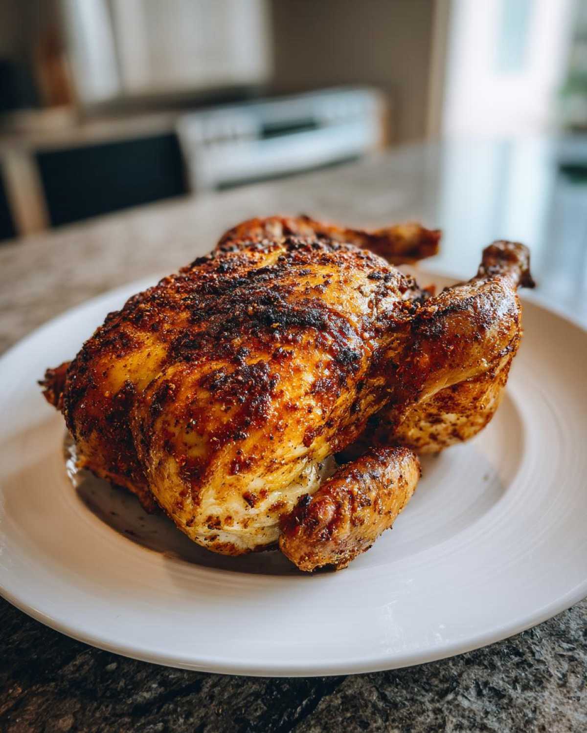 A perfectly cooked, seasoned air fryer whole chicken with crispy, browned skin resting on a white plate.