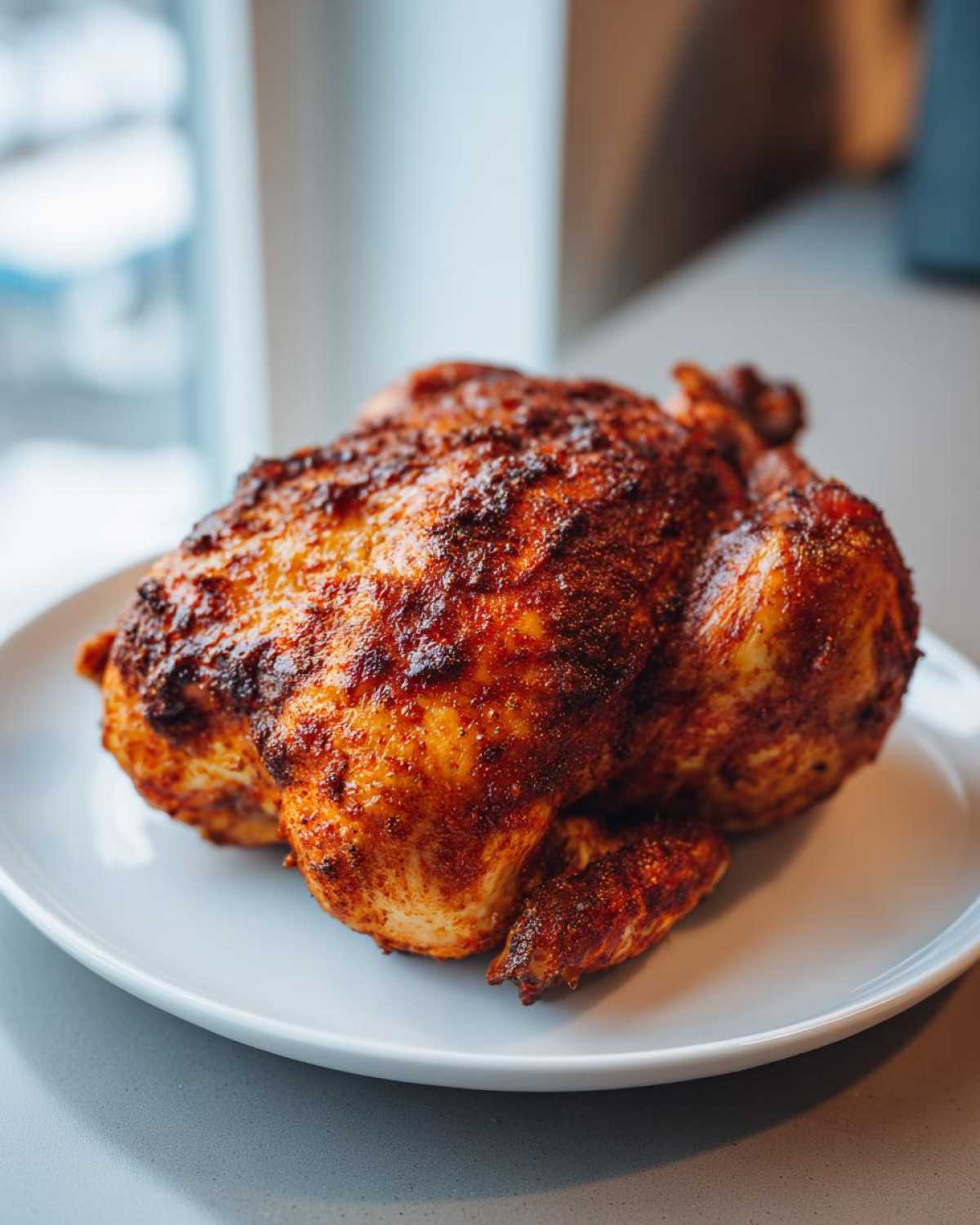 A whole roasted chicken with crispy, seasoned skin resting on a white plate, cooked using an air fryer whole chicken recipe.