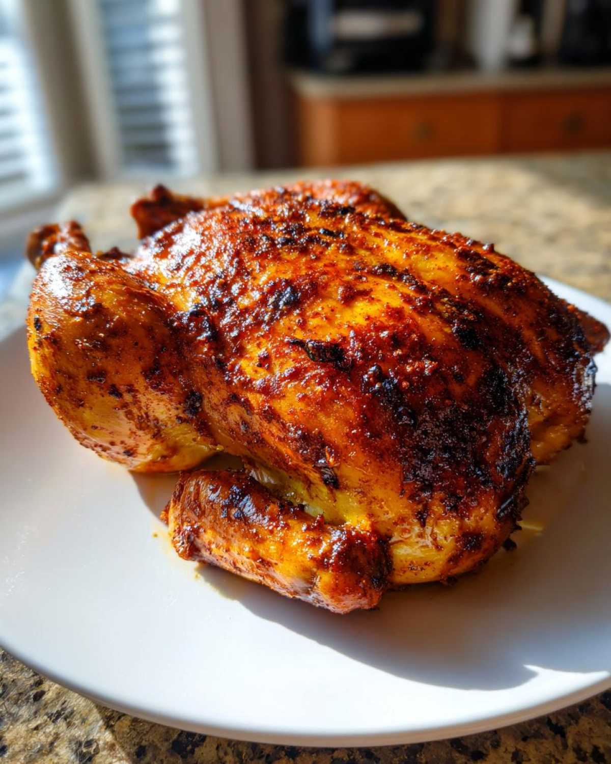 Close-up of a beautifully seasoned and crispy air fryer whole chicken resting on a white plate.