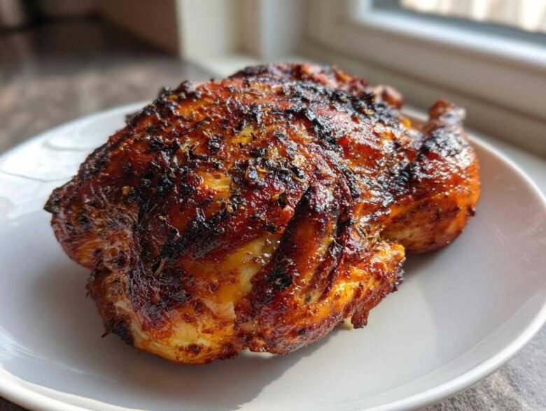 A whole, roasted air fryer whole chicken with crispy, browned skin seasoned with herbs, resting on a white plate.