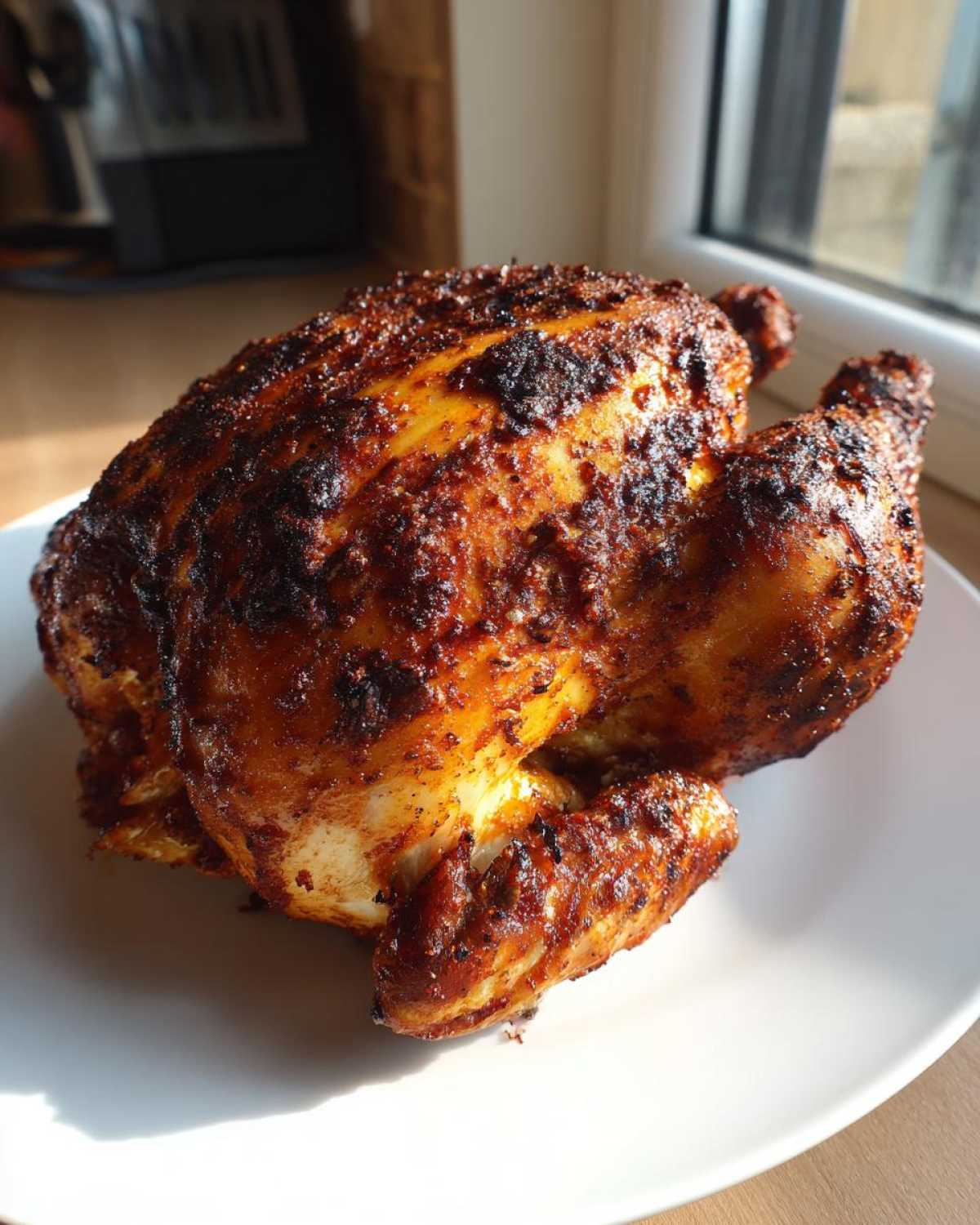 A beautifully browned and crispy air fryer whole chicken resting on a white plate near a window.