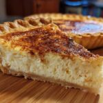 A thick slice of amazing 1 egg custard pie with a creamy interior and browned cinnamon top, next to the whole pie.