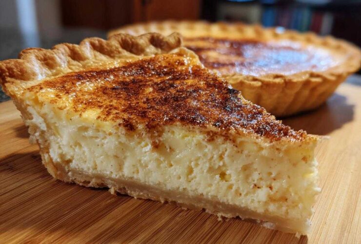 A thick slice of amazing 1 egg custard pie with a creamy interior and browned cinnamon top, next to the whole pie.