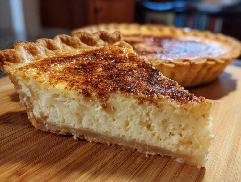 A thick slice of amazing 1 egg custard pie with a creamy interior and browned cinnamon top, next to the whole pie.