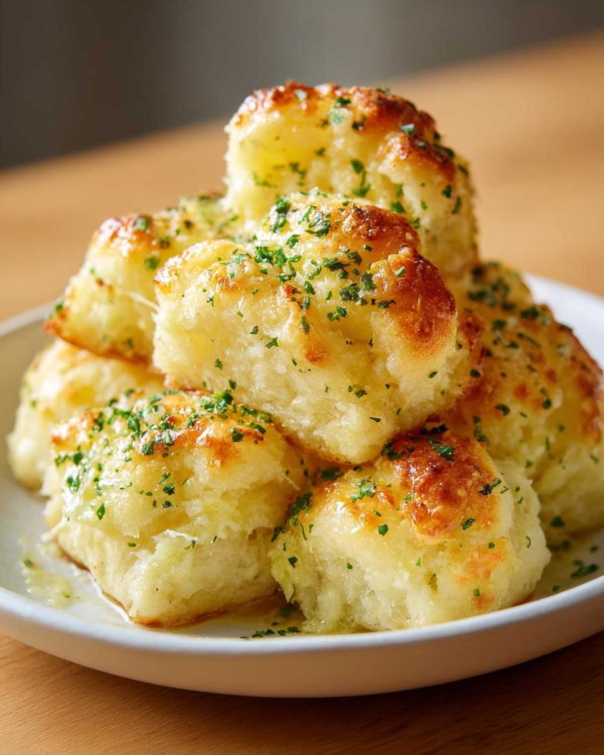 A close-up of fluffy, golden garlic butter breadsticks piled high and sprinkled with fresh parsley.