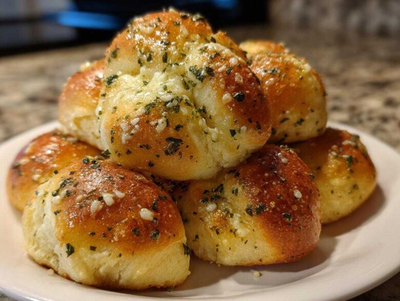 A close-up stack of golden brown, soft breadsticks brushed with garlic butter and sprinkled with parsley.