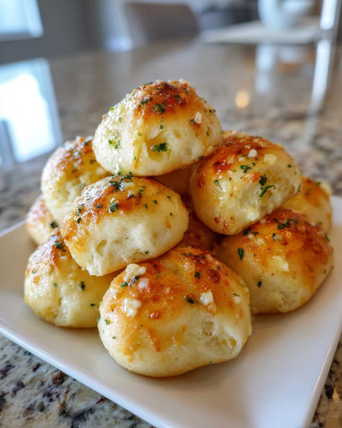 A stack of freshly baked, golden garlic breadsticks topped with melted butter, garlic bits, and chopped parsley.