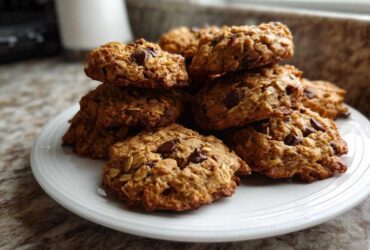 A stack of freshly baked, golden brown breakfast cookie treats loaded with oats and chocolate chips on a white plate.