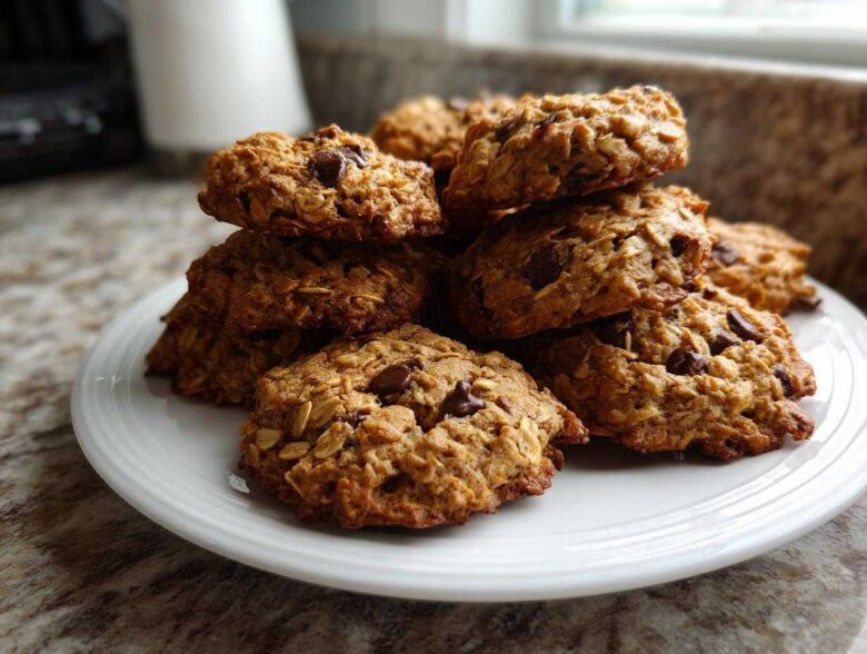 A stack of freshly baked, golden brown breakfast cookie treats loaded with oats and chocolate chips on a white plate.