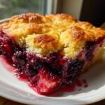 A close-up of a warm slice of berry cobbler with a golden crust and bubbling dark berry filling.