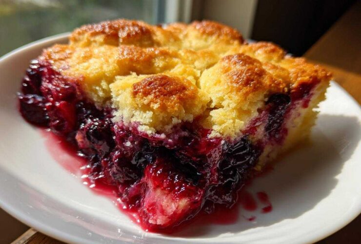 A close-up of a warm slice of berry cobbler with a golden crust and bubbling dark berry filling.