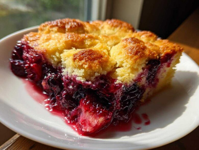 A close-up of a warm slice of berry cobbler with a golden crust and bubbling dark berry filling.