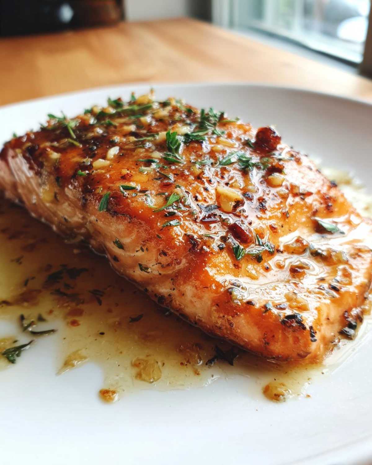 Close-up of a perfectly cooked piece of air fryer salmon glazed with garlic, herbs, and butter sauce.