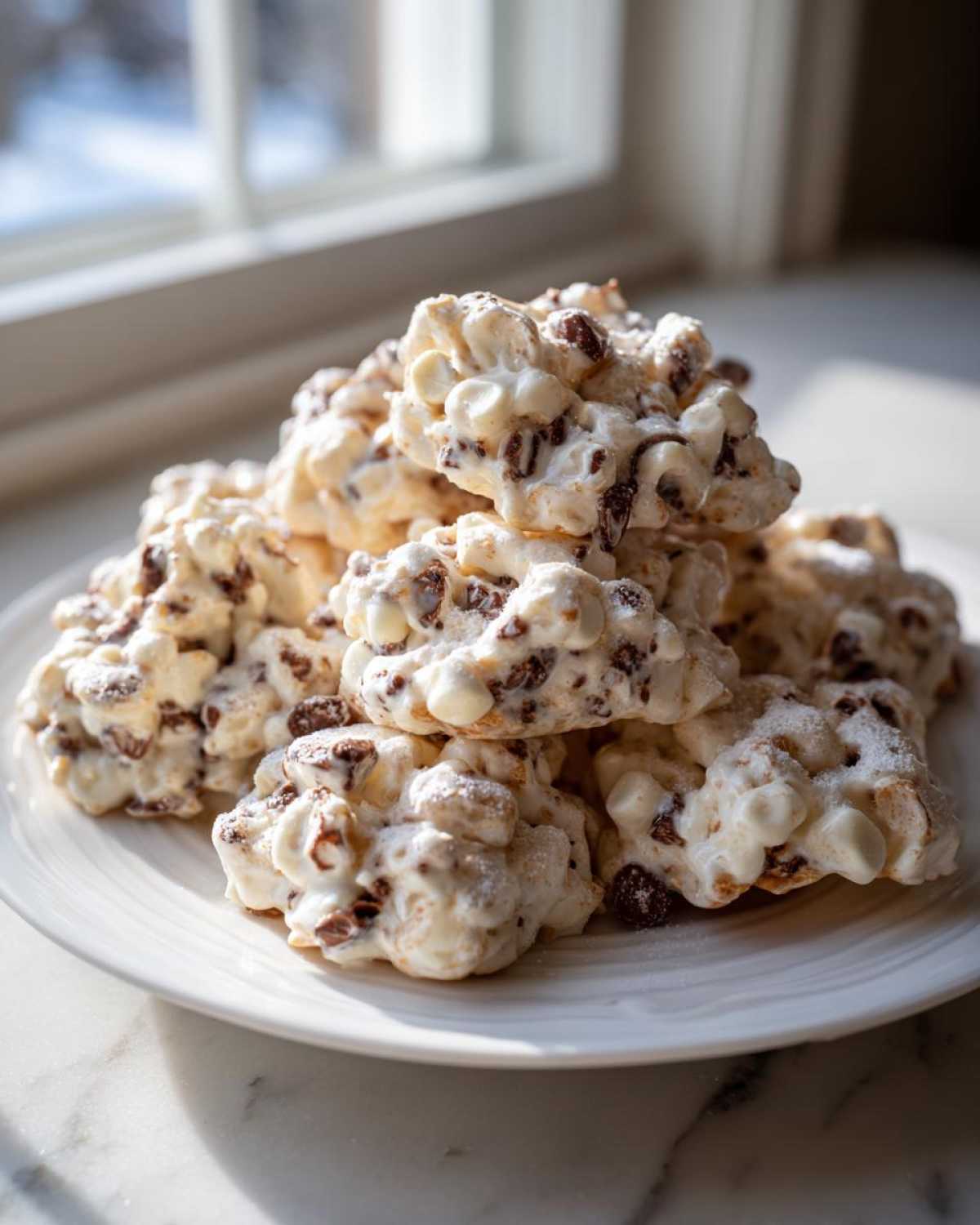A stack of white, fluffy avalanche cookies mixed with chocolate chips and powdered sugar on a white plate.