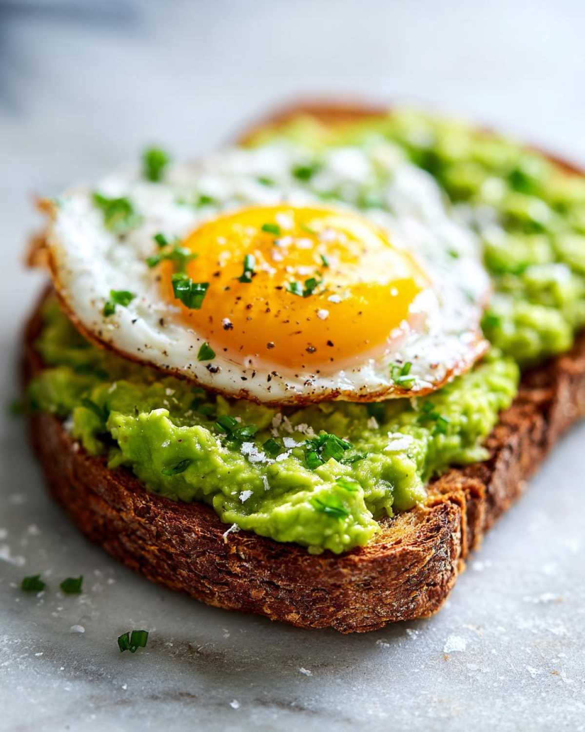 Close-up of delicious avocado toast topped with a perfectly fried egg, salt, pepper, and chives.