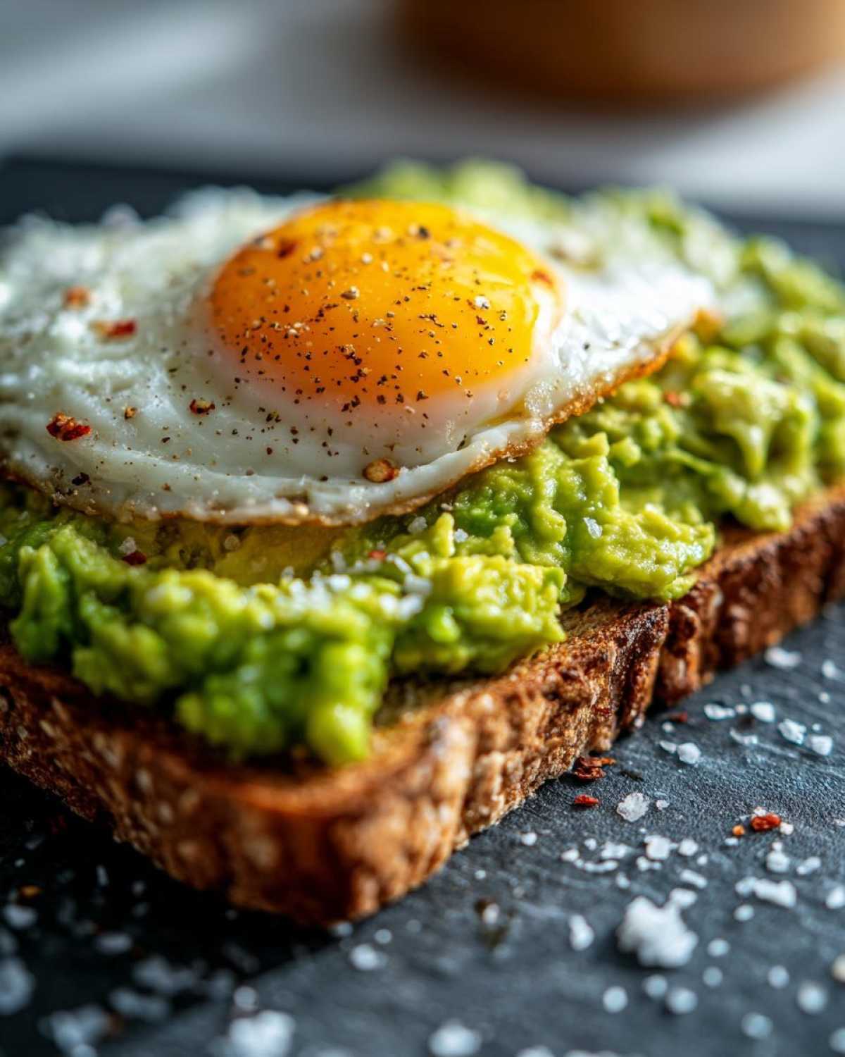 Close-up of delicious avocado toast topped with a sunny-side-up fried egg, seasoned with pepper and chili flakes.