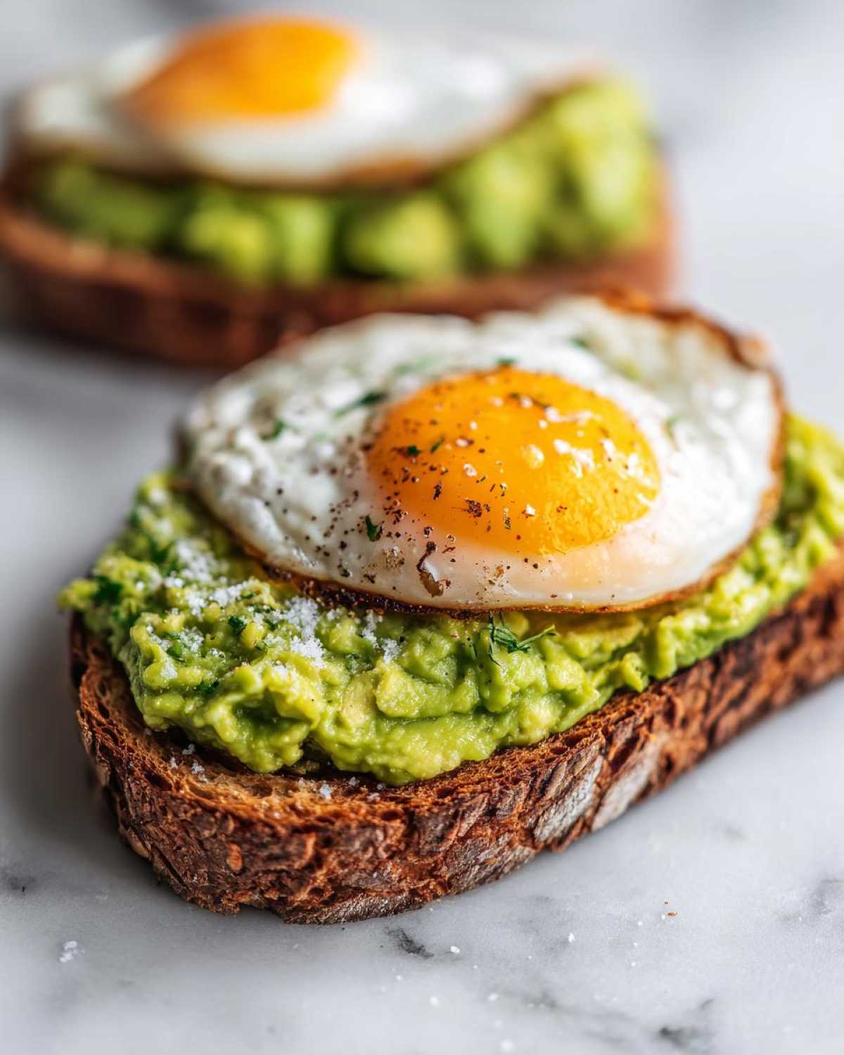Close-up of delicious avocado toast topped with a perfectly cooked fried egg, seasoned with pepper.