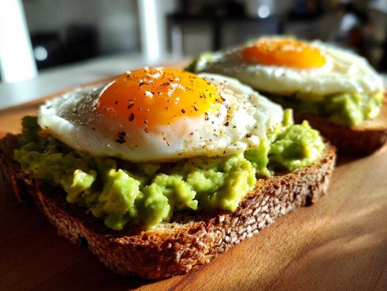 Close-up of delicious avocado toast topped with mashed avocado and a perfectly seasoned fried egg.