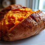 Close-up of a perfectly baked sweet potato split open, showing the fluffy, bright orange interior.