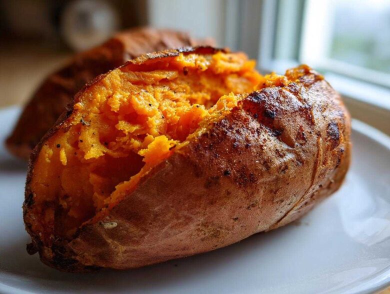 Close-up of a perfectly baked sweet potato split open, showing the fluffy, bright orange interior.
