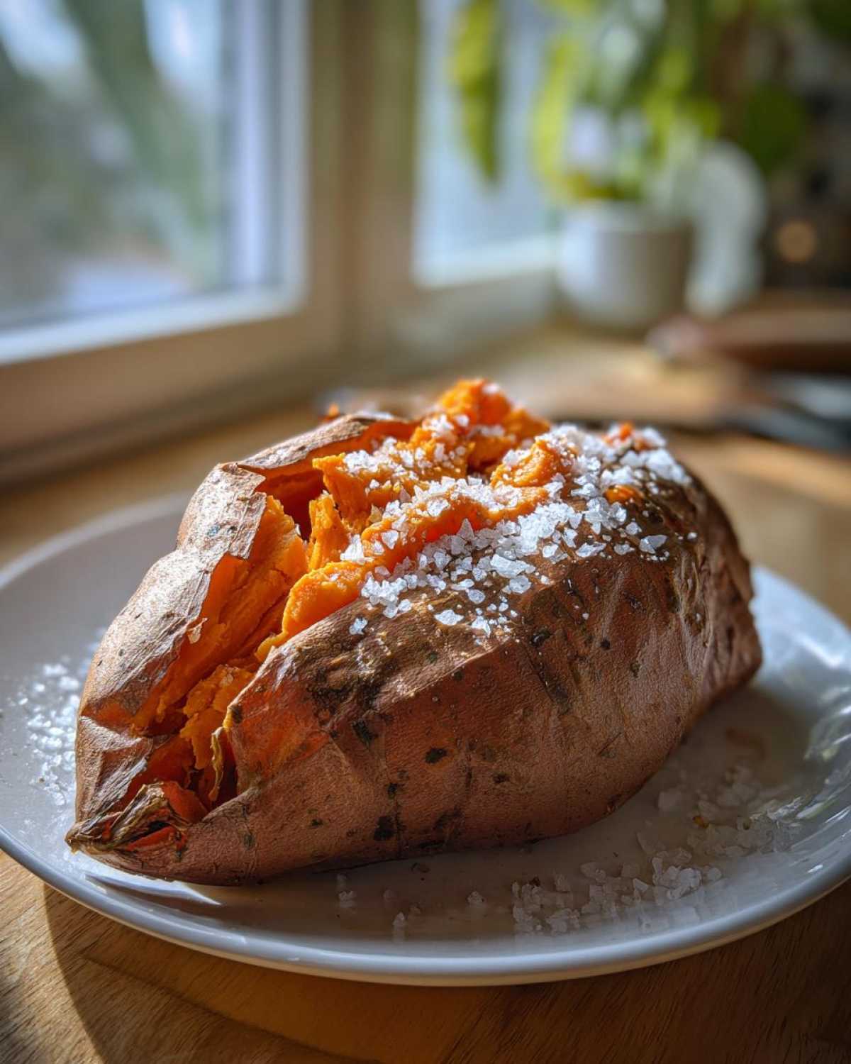 A close-up of a fluffy baked sweet potatoes, split open and topped with coarse flaky salt.