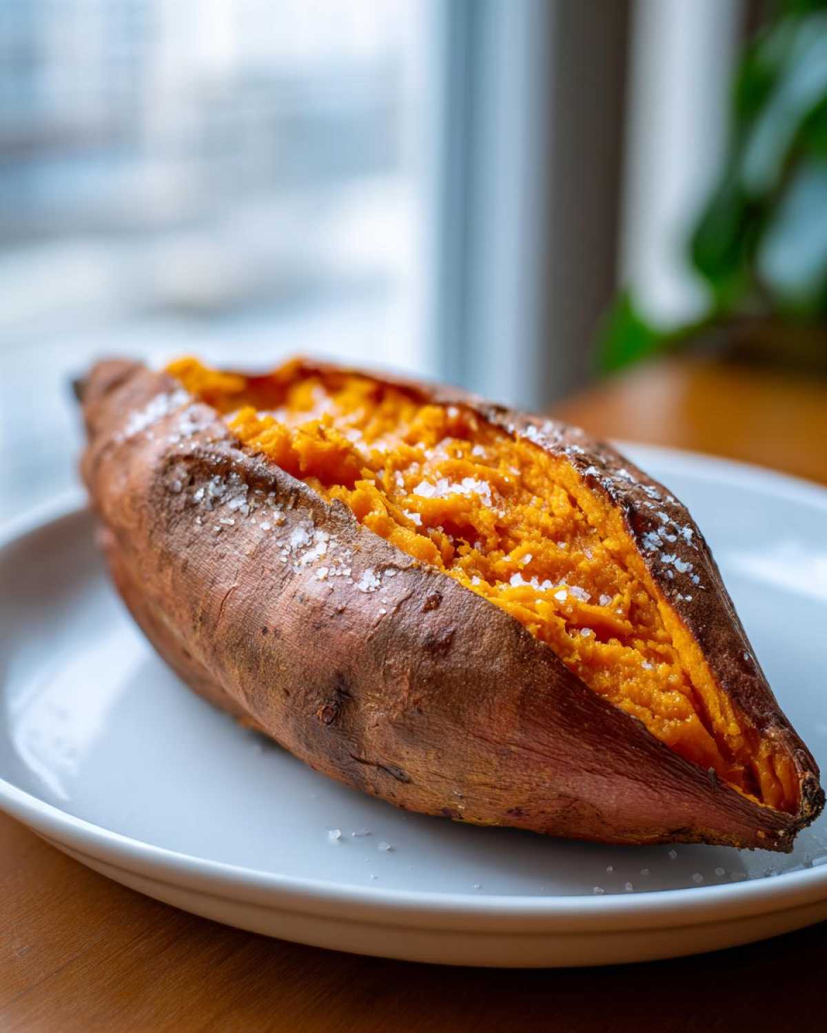 A close-up of a perfectly baked sweet potatoes, split open and topped with coarse sea salt.