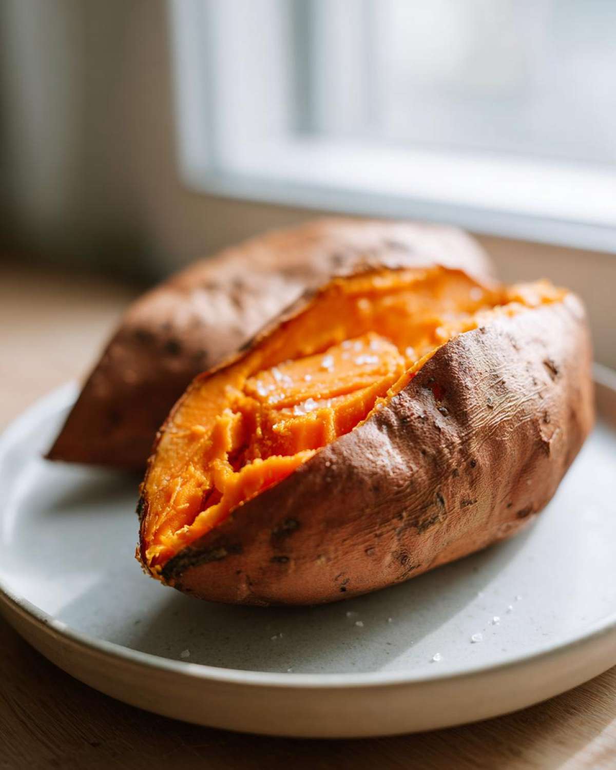 Close-up of a perfectly baked sweet potatoes, split open to show the fluffy orange interior sprinkled with sea salt.